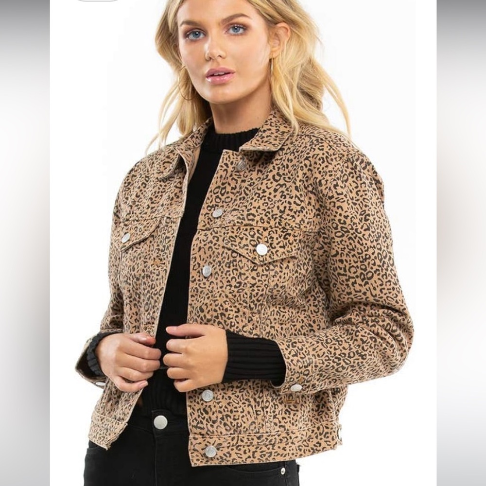 Brunette the Label Lindsay Leopard Print Denim Jacket NWOT S/M